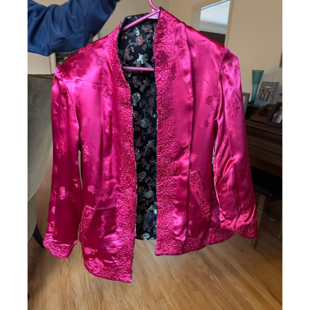 Vintage Reversible Chinese Brocade Jacket Frog Closures Black & Pink - Picture 6 of 9